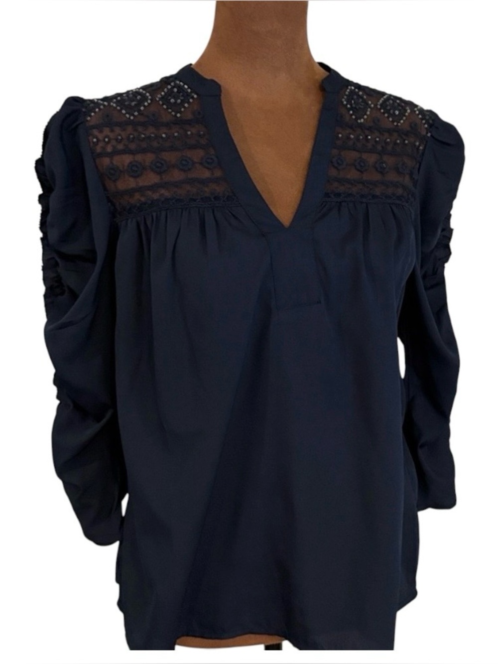 Calligraphie Navy Lace Yoke Sequin Blouse Ruched Sleeve Boho Peasant Top XS